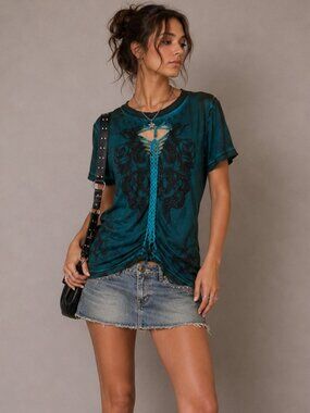 Vintage Affliction Y2K Embellished Short Sleeve Graphic T Shirt XL